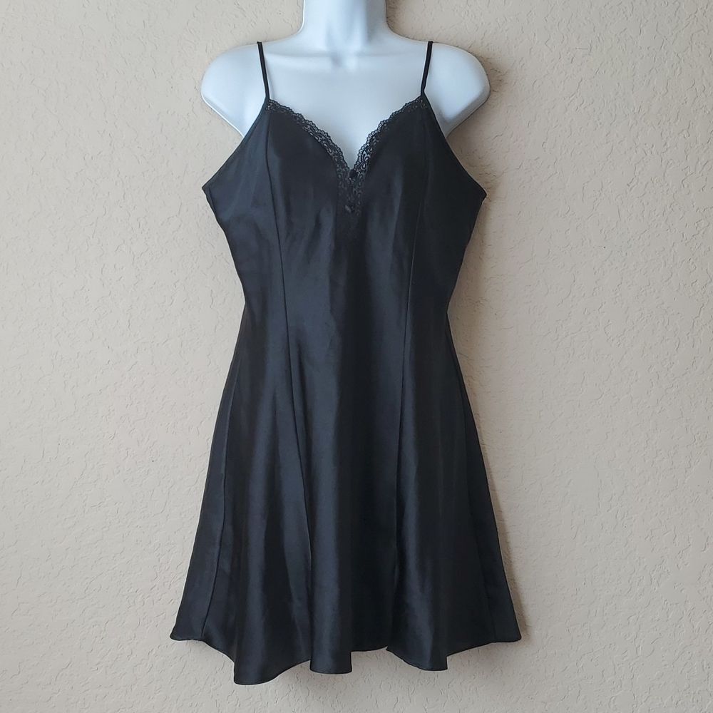 Vintage Delicates Coquette Black Silky Satin Mini Slip Dress - Y2K Lingerie